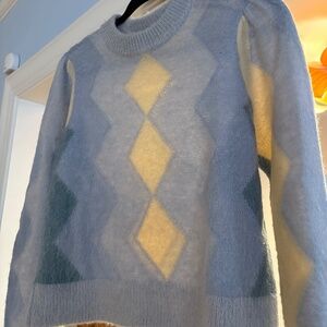 J Crew Argyle Wool Puff Shoulder Alpaca Pastel Sweater--Medium